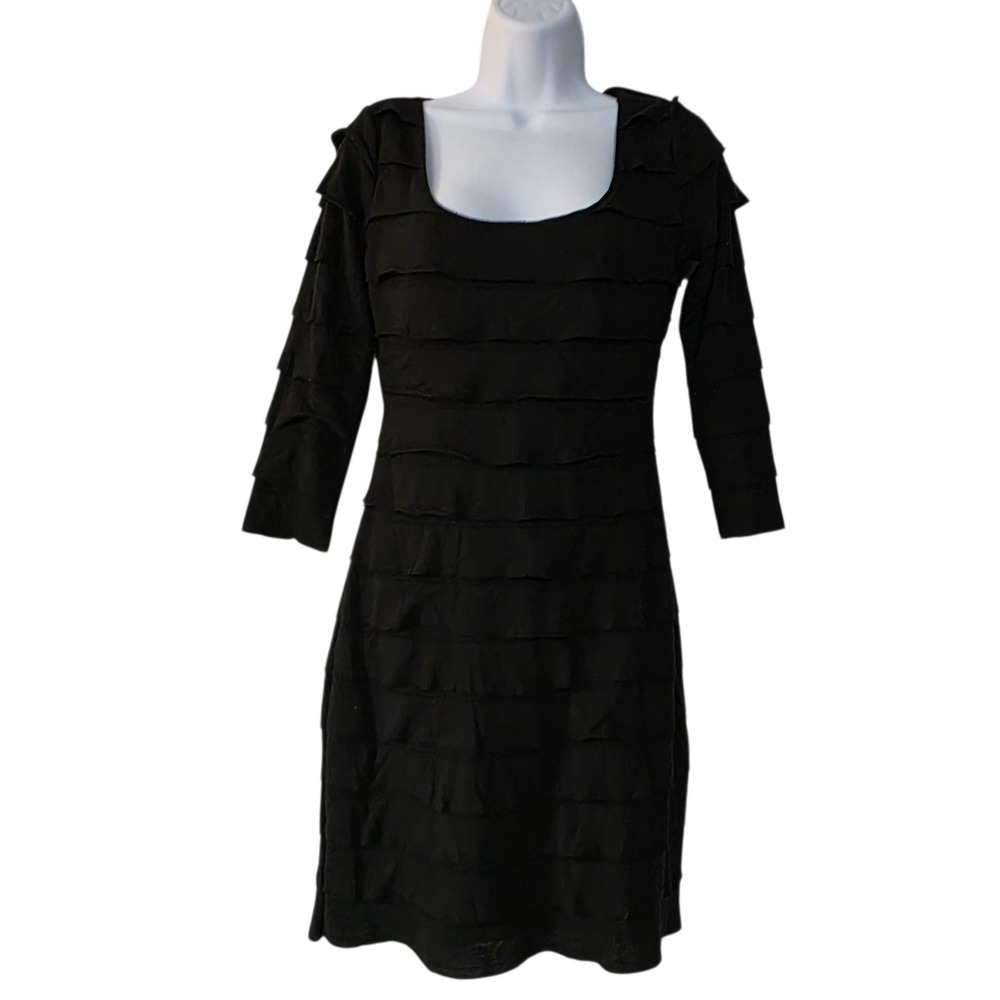 MAX STUDIO Black Bodycon Ruffled Tiered Mini Dress Womens S 3/4 Sleeve Fitted